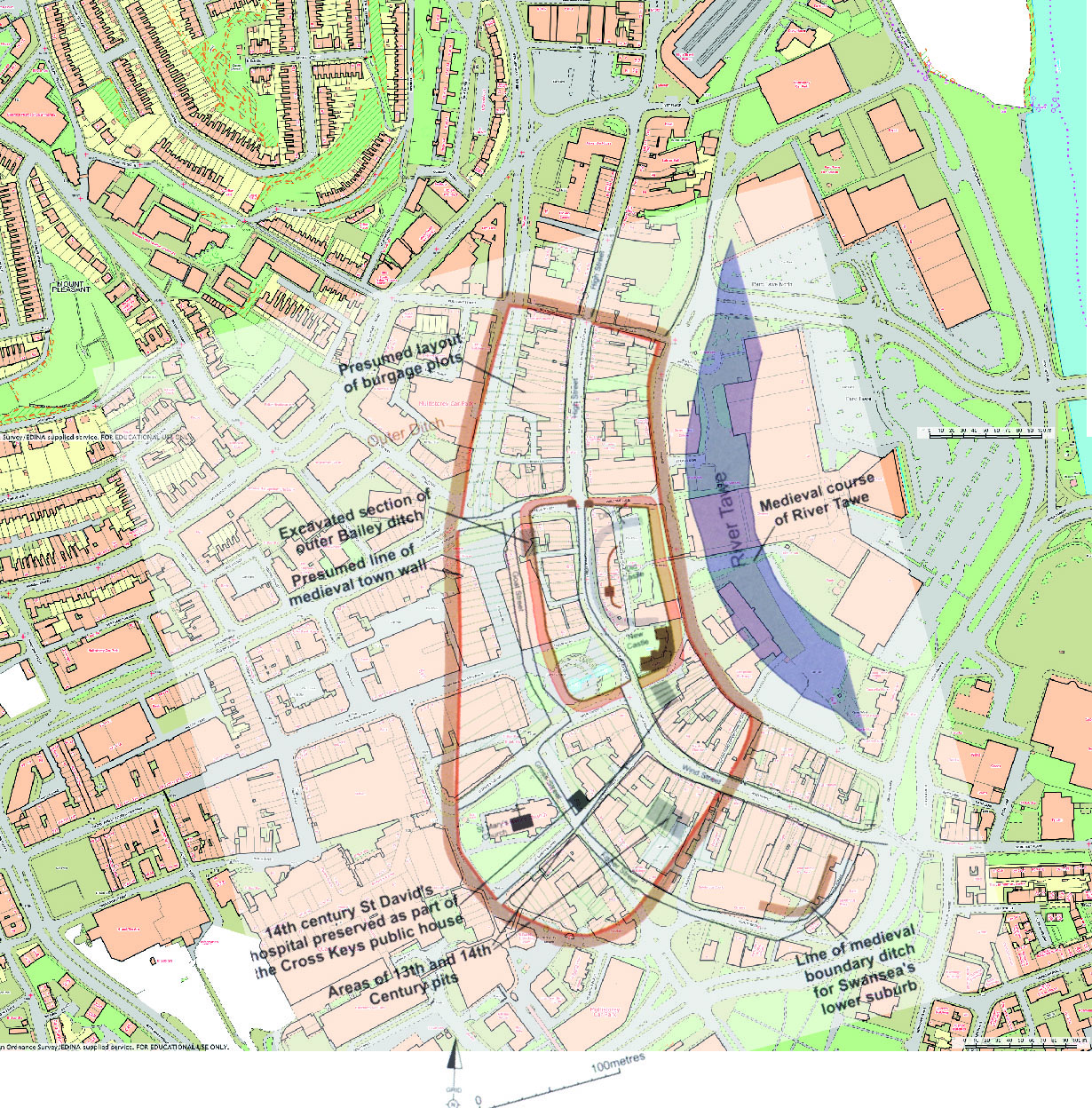 GGAT map of medieval Swansea overlaid onto modern Ordnance Survey mapping